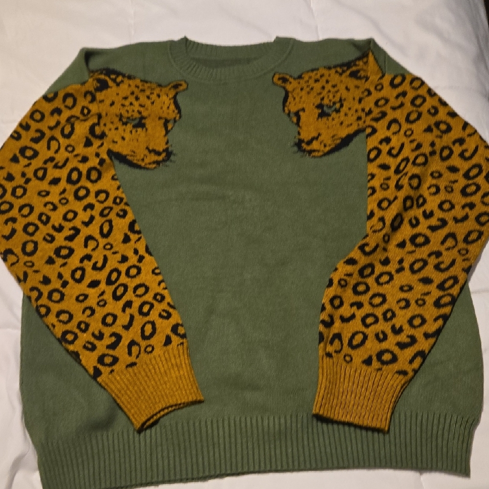Green Sweater with Leopard Design